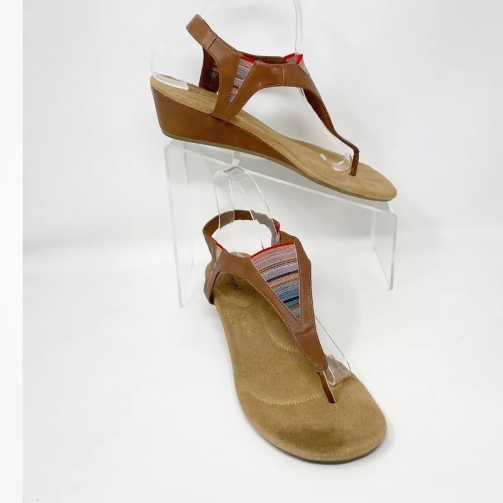 Dexflex Womens Brown Comfort Faux Leather Fabric Slingback Wedge Sandal Size 6.5